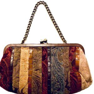 Fossil Boucle Tapestry HandBag Brass Chain Strap Kiss Lock Croc Embossed Trim